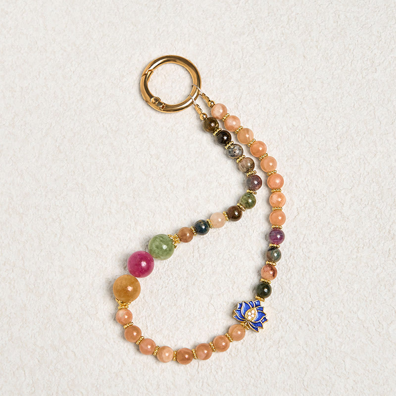 Porte-clés et pendentif de téléphone Foviel, pierre de soleil tourmaline et fleur de lotus, symbole de positivité