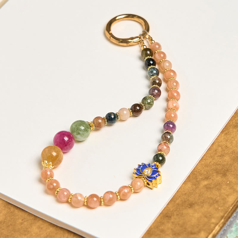 Porte-clés et pendentif de téléphone Foviel, pierre de soleil tourmaline et fleur de lotus, symbole de positivité