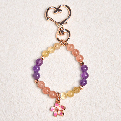 Porte-clés et décoration suspendue Foviel avec breloque fleur de l'amour en quartz fraise, améthyste et citrine naturels