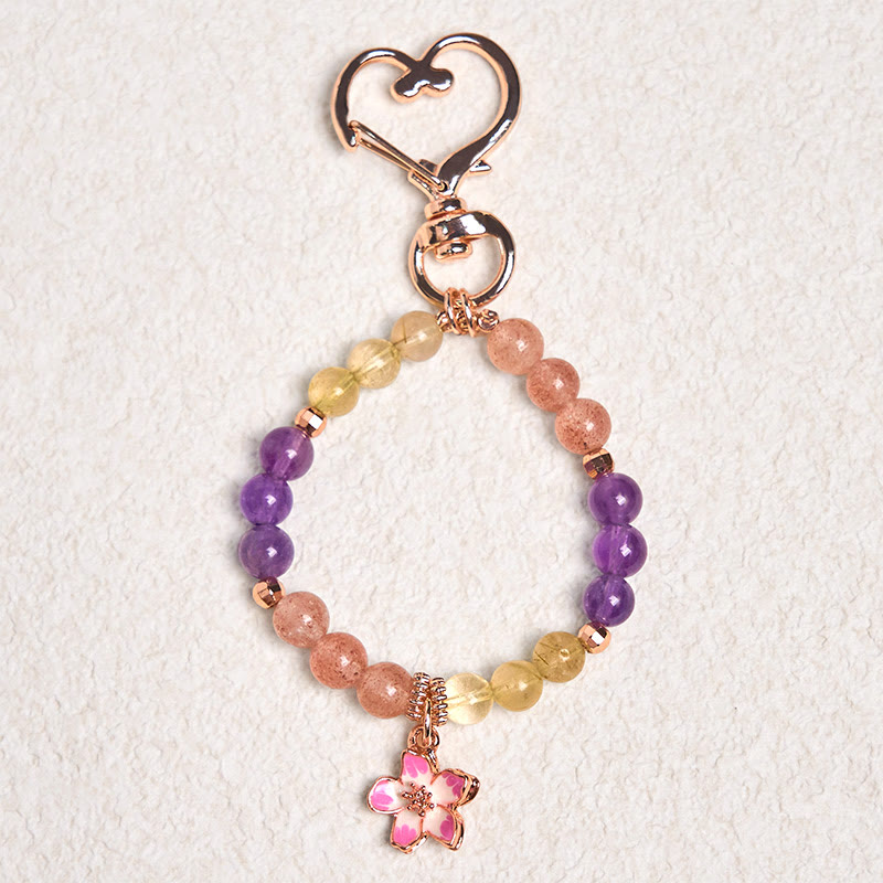 Porte-clés et décoration suspendue Foviel avec breloque fleur de l'amour en quartz fraise, améthyste et citrine naturels