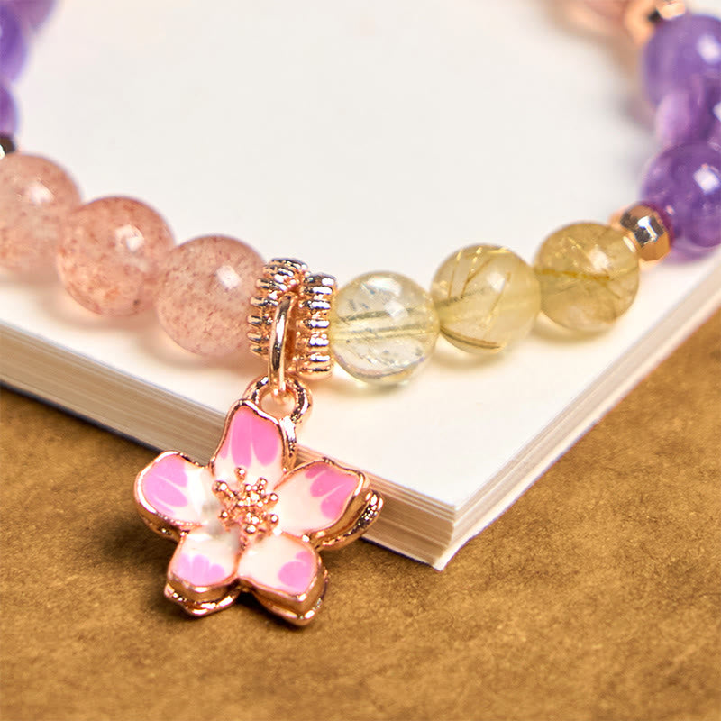 Porte-clés et décoration suspendue Foviel avec breloque fleur de l'amour en quartz fraise, améthyste et citrine naturels