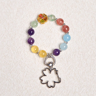 Foviel Natural Strawberry Quartz Amethyst Citrine Aquamarine Flower Key Chain Hanging Decoration