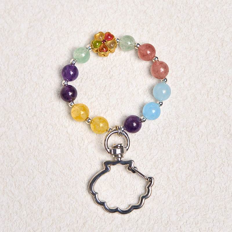 Foviel Natural Strawberry Quartz Amethyst Citrine Aquamarine Flower Key Chain Hanging Decoration