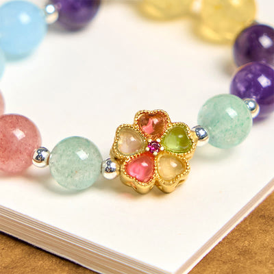 Foviel Natural Strawberry Quartz Amethyst Citrine Aquamarine Flower Key Chain Hanging Decoration