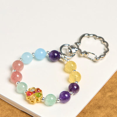 Foviel Natural Strawberry Quartz Amethyst Citrine Aquamarine Flower Key Chain Hanging Decoration