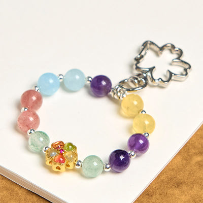 Foviel Natural Strawberry Quartz Amethyst Citrine Aquamarine Flower Key Chain Hanging Decoration