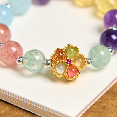 Foviel Natural Strawberry Quartz Amethyst Citrine Aquamarine Flower Key Chain Hanging Decoration