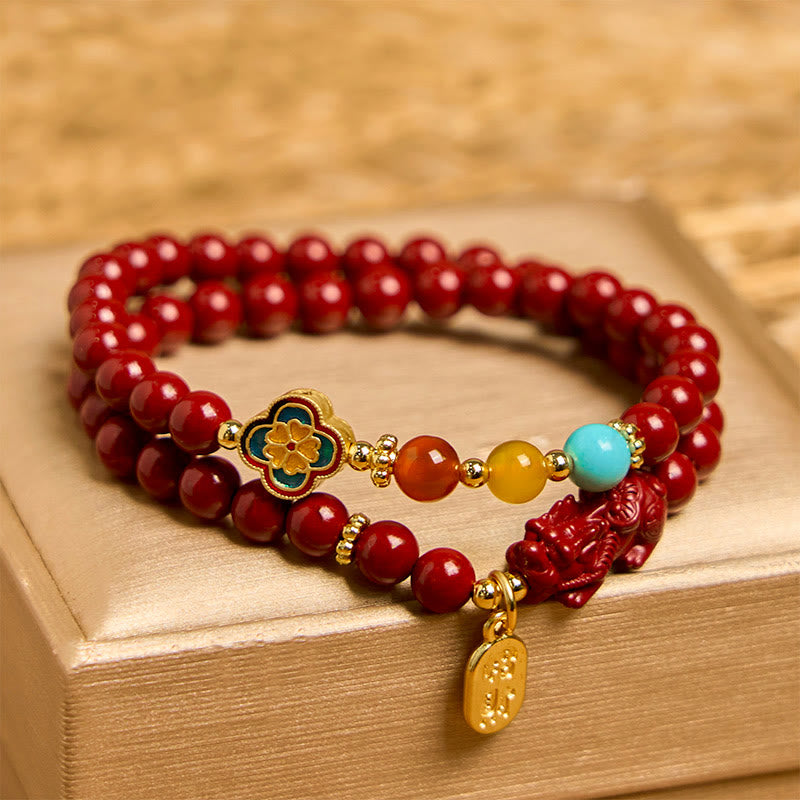 Foviel Cinnabar PiXiu Fu Character Blessing Double Wrap Bracelet