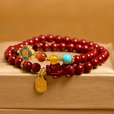 Foviel Cinnabar PiXiu Fu Character Blessing Double Wrap Bracelet