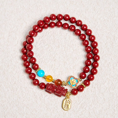 Foviel Cinnabar PiXiu Fu Character Blessing Double Wrap Bracelet