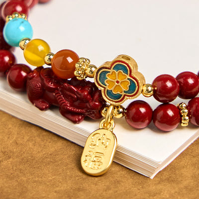 Foviel Cinnabar PiXiu Fu Character Blessing Double Wrap Bracelet