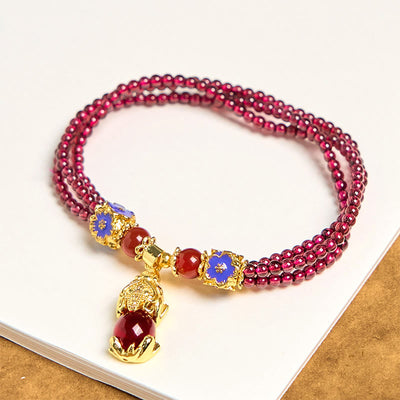 Foviel Natürliche 3mm Granatperlen PiXiu Blume Reinigung Mehrschicht-Armband
