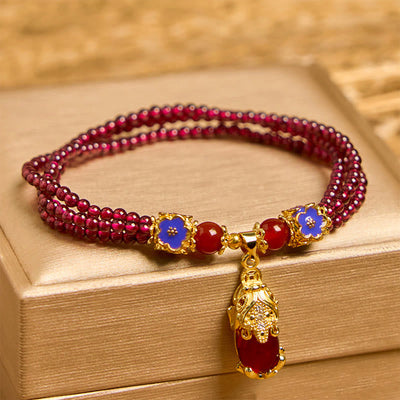 Foviel Natürliche 3mm Granatperlen PiXiu Blume Reinigung Mehrschicht-Armband