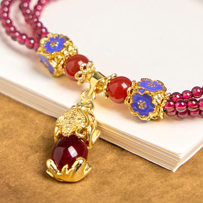 Foviel Natürliche 3mm Granatperlen PiXiu Blume Reinigung Mehrschicht-Armband