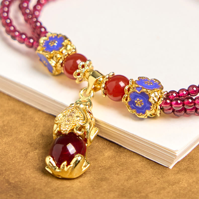 Foviel Natürliche 3mm Granatperlen PiXiu Blume Reinigung Mehrschicht-Armband
