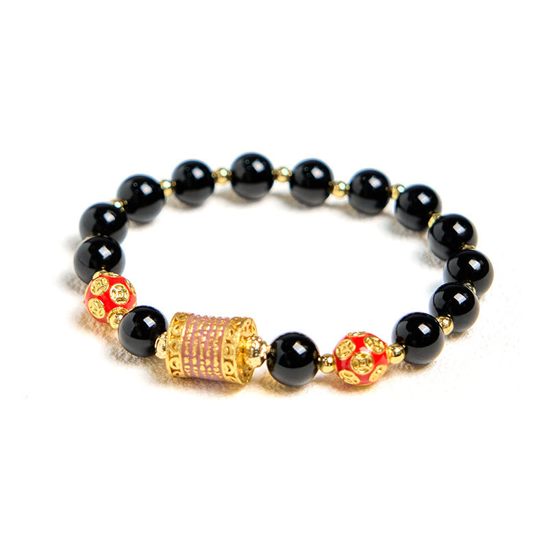 Foviel Natural Black Onyx Five Scripture Copper Coins Fortune Bracelet