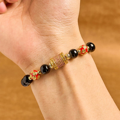 Foviel Natural Black Onyx Five Scripture Copper Coins Fortune Bracelet
