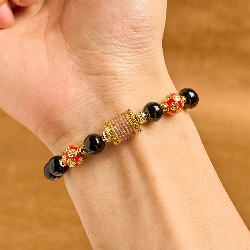 Bracelet porte-bonheur Foviel en onyx noir naturel avec cinq pièces de monnaie en cuivre gravées d'écritures