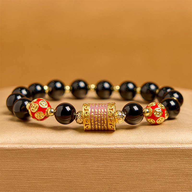 Bracelet porte-bonheur Foviel en onyx noir naturel avec cinq pièces de monnaie en cuivre gravées d'écritures