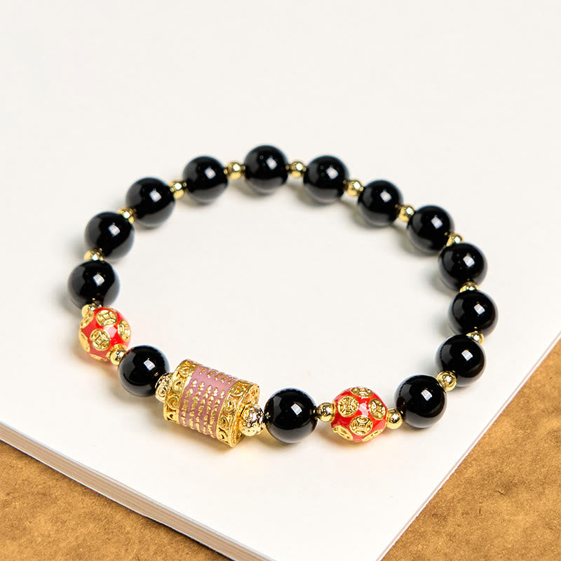 Bracelet porte-bonheur Foviel en onyx noir naturel avec cinq pièces de monnaie en cuivre gravées d'écritures