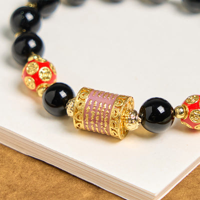 Foviel Natural Black Onyx Five Scripture Copper Coins Fortune Bracelet
