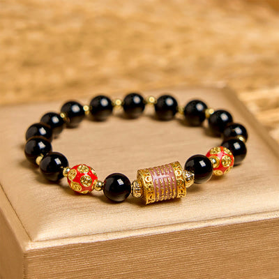 Foviel Natural Black Onyx Five Scripture Copper Coins Fortune Bracelet