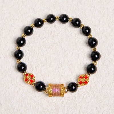 Foviel Natural Black Onyx Five Scripture Copper Coins Fortune Bracelet