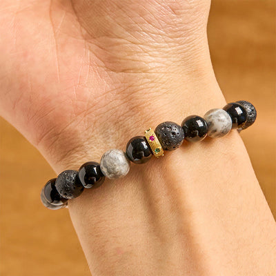 Foviel Lava Rock Black Onyx Picasso Jasper spirituell Armband