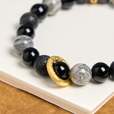 Foviel Lava Rock Black Onyx Picasso Jasper spirituell Armband
