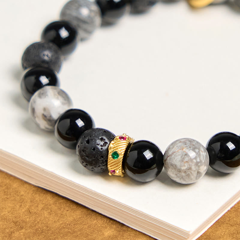 Foviel Lava Rock Black Onyx Picasso Jasper spirituell Armband