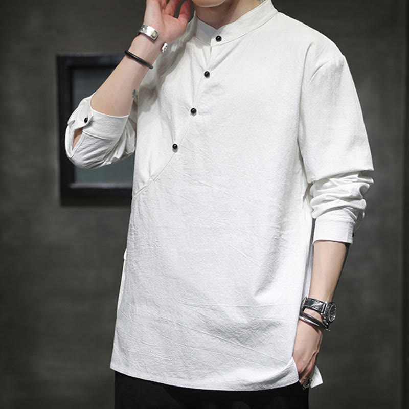 Buddha Stones Plain Lace-Up Simple Button Design Men's Long Sleeve Cotton Linen Shirt Clothing - image 19