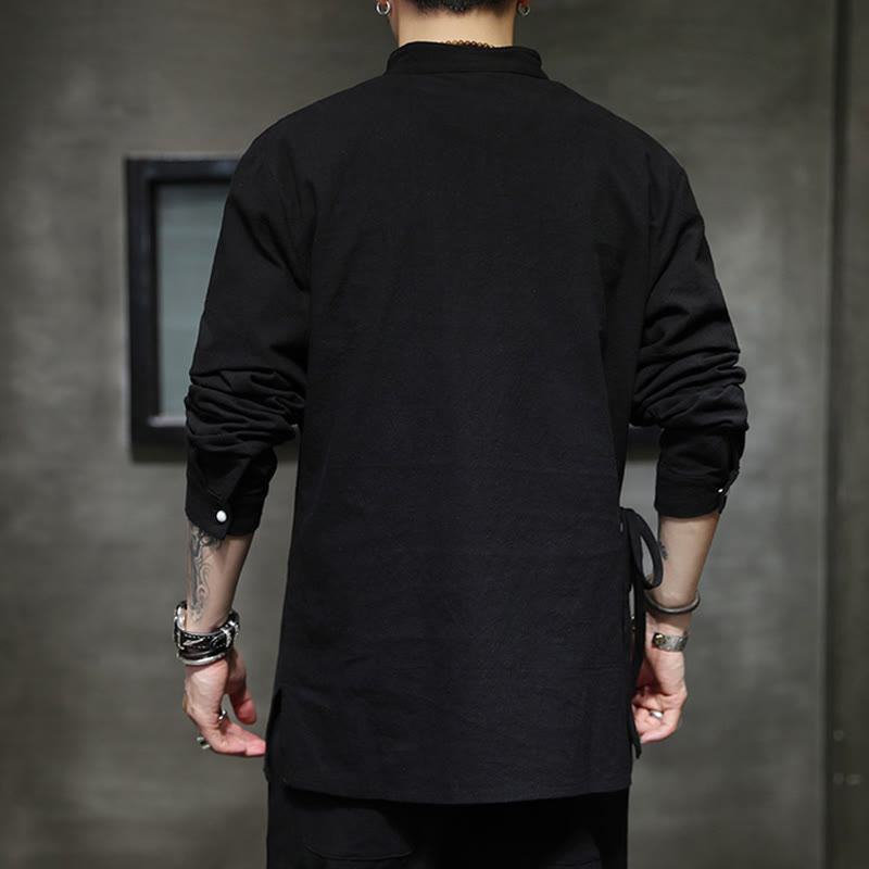 Buddha Stones Plain Lace-Up Simple Button Design Men's Long Sleeve Cotton Linen Shirt Clothing - image 5