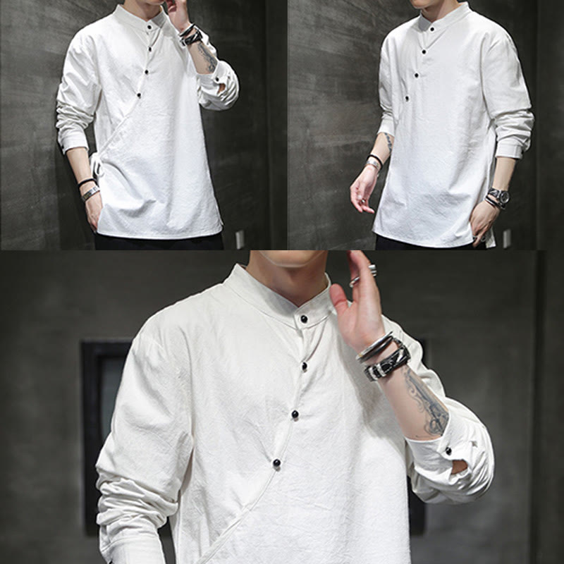 Buddha Stones Plain Lace-Up Simple Button Design Men's Long Sleeve Cotton Linen Shirt Clothing - image 20