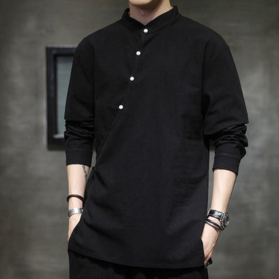 Buddha Stones Plain Lace-Up Simple Button Design Men's Long Sleeve Cotton Linen Shirt Clothing - image 4