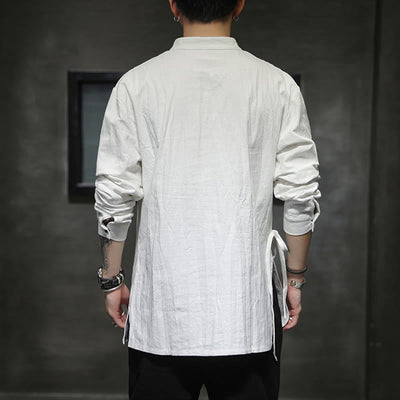 Buddha Stones Plain Lace-Up Simple Button Design Men's Long Sleeve Cotton Linen Shirt Clothing - image 15