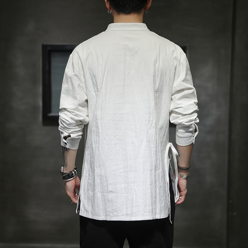 Buddha Stones Plain Lace-Up Simple Button Design Men's Long Sleeve Cotton Linen Shirt Clothing - image 15