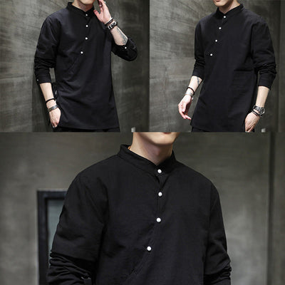 Buddha Stones Plain Lace-Up Simple Button Design Men's Long Sleeve Cotton Linen Shirt Clothing - image 11