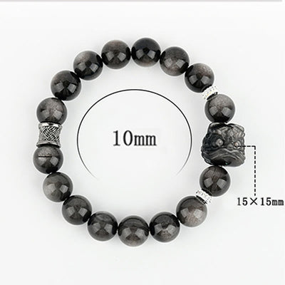 Foviel Natural Silver Sheen Obsidian Lion Dance Protection Bracelet