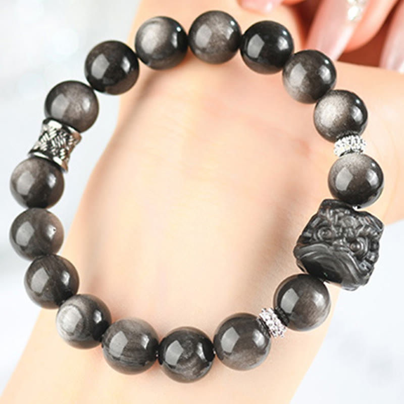 Foviel Natural Silver Sheen Obsidian Lion Dance Protection Bracelet