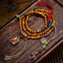 Mala Foviel tibétain de 108 perles en os de chameau avec pompon porte-bonheur
