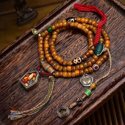Mala Foviel tibétain de 108 perles en os de chameau avec pompon porte-bonheur