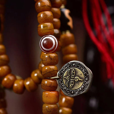 Mala Foviel tibétain de 108 perles en os de chameau avec pompon porte-bonheur