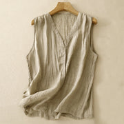 Foviel Casual Summer Pure Color Pleated Design Sleeveless Women's Cotton Linen V-Neck Vest Cardigan