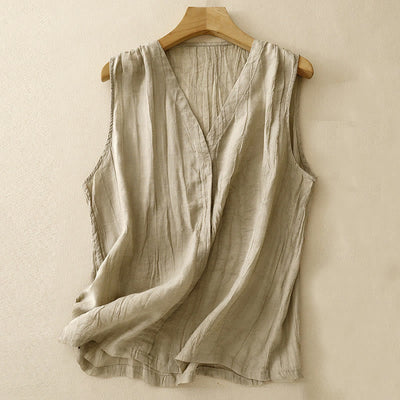 Buddha Stones Casual Summer Pure Color Pleated Design Sleeveless Women's Cotton Linen V-Neck Vest Cardigan - Khaki - US8-10，UK/AU12-14，EU40-42 (2XL) - image 0