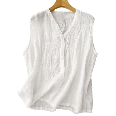 Buddha Stones Casual Summer Pure Color Pleated Design Sleeveless Women's Cotton Linen V-Neck Vest Cardigan - image 17