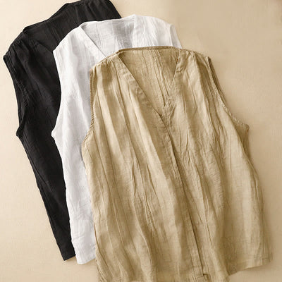 Buddha Stones Casual Summer Pure Color Pleated Design Sleeveless Women's Cotton Linen V-Neck Vest Cardigan - image 18