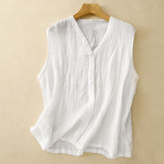 Foviel Casual Sommer reine Farbe Pleated Design Ärmellos Damen Baumwolle Leinen V-Ausschnitt Weste Cardigan
