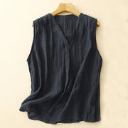 Foviel Casual Sommer reine Farbe Pleated Design Ärmellos Damen Baumwolle Leinen V-Ausschnitt Weste Cardigan
