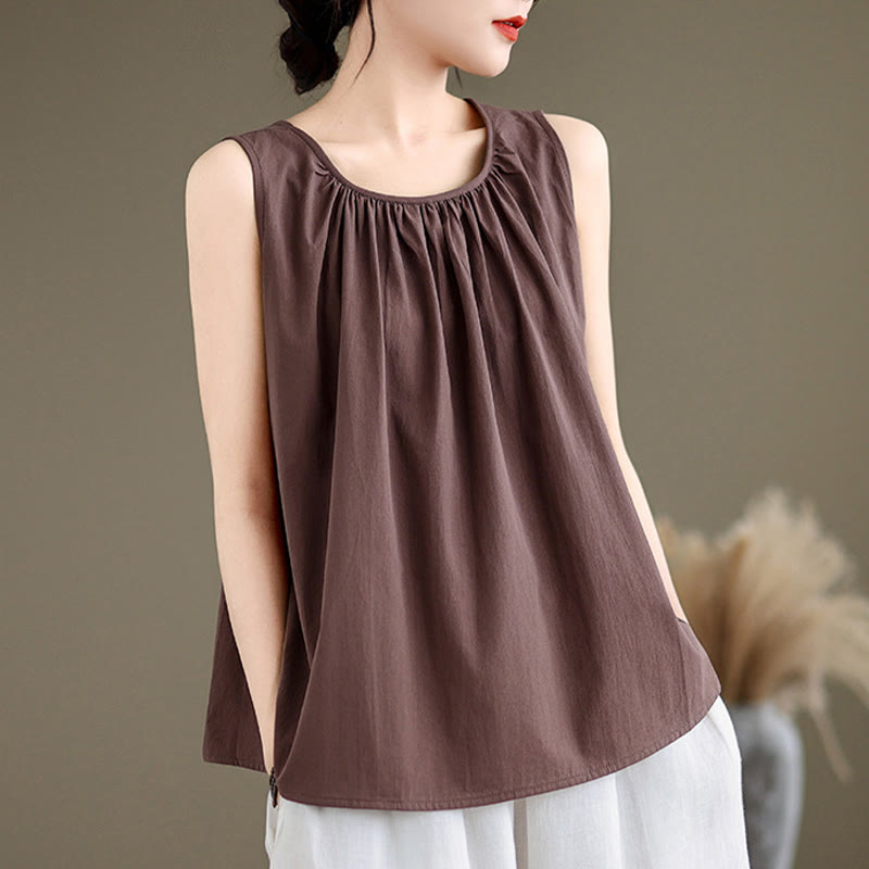 Foviel Summer Artistic Solid Color Pleated Crew Neck Design Women's Cotton Linen Vest