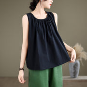 Foviel Summer Artistic Solid Color Pleated Crew Neck Design Women's Cotton Linen Vest